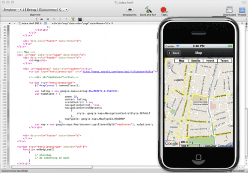Xcode, iPhone Simulator, PhoneGap and jQuery Mobile in action.